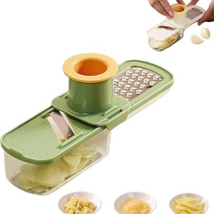 3-in-1 Multifunctional Garlic Grinder– Stainless Steel Slicer/Shredder/Grinder with Hand Guard, Transparent Container & Blade Storage,Safe Food Slicer, Easy to Use & Clean