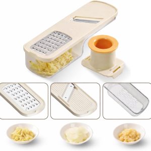 3 in 1 mini Ginger Garlic Grinder Super Thin, Multifunctional Mandoline slicer Grater with Hand Guard, Easy Grip Handheld Kitchen Tool, for Camping Cooking and Picnic (White)
