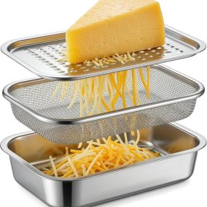 3 in 1 Box Grater with Container, Food-Grade 304 Stainless Steel Cheese Grater for Kitchen, Multi-Functional Cheese Shredder & Vegetable Grater with Flour Sieve